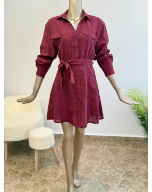 Lüx Tensel Kumaş Kuşaklı Gömlek Elbise Bordo 