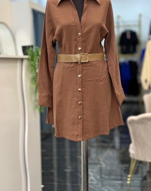 Tensel Kumaş Kemerli Düğmeli Elbise Kahve