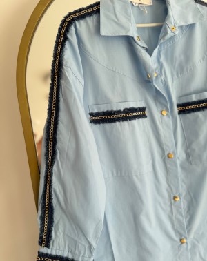 Kol Zincir Detaylı Lüx Kalite Pamuklu Poplin Gömlek Mavi 