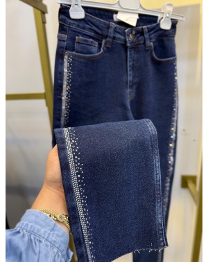 Yanı Taşlı Kesik Paça Boyfriend Jean Lacivert