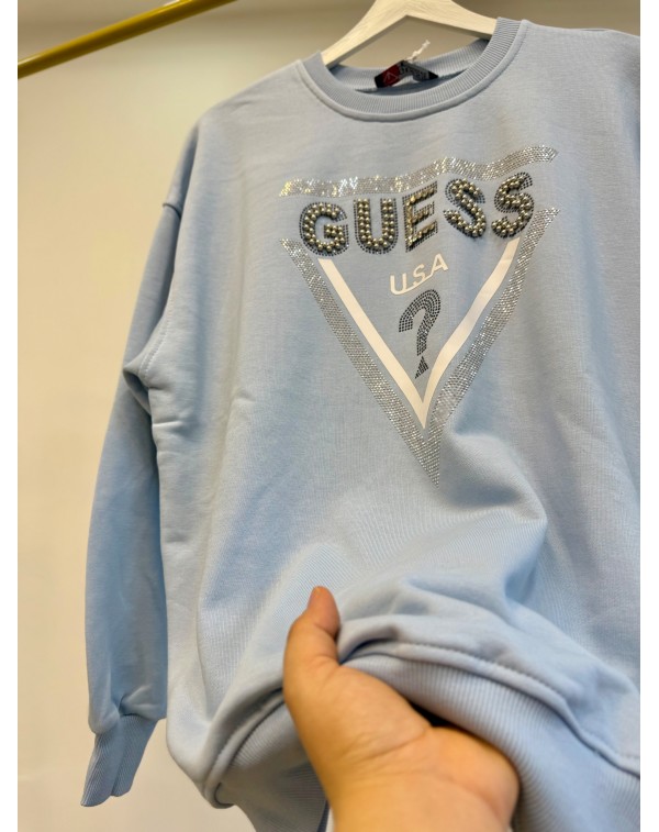 Üç İplik Şardonsuz Taşlı Sweatshirt Mavi