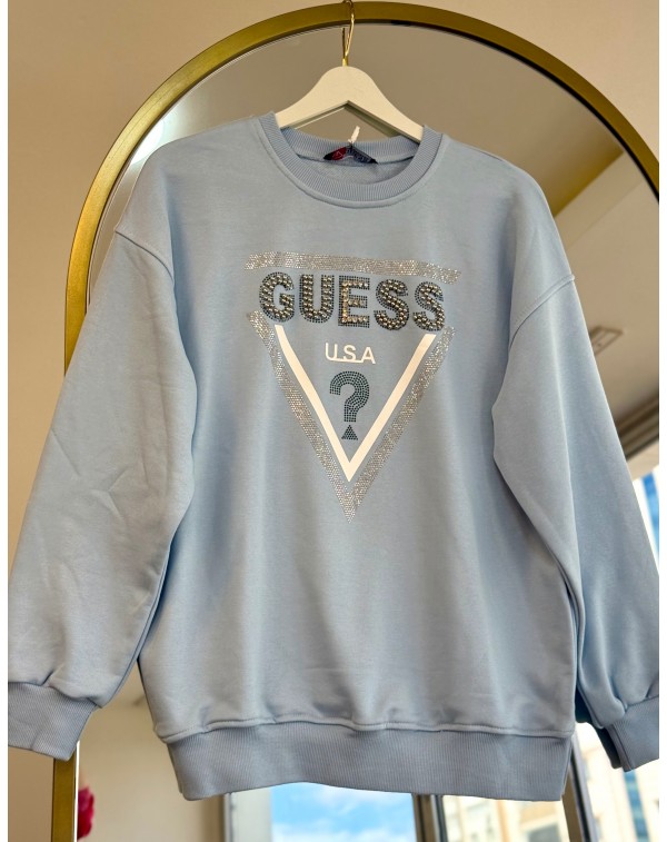 Üç İplik Şardonsuz Taşlı Sweatshirt Mavi