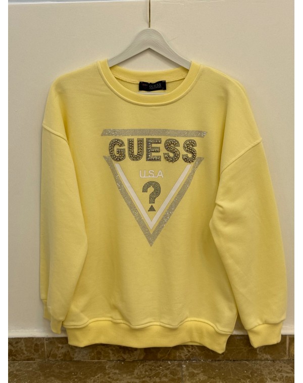 Üç İplik Şardonsuz Taşlı Sweatshirt Sarı