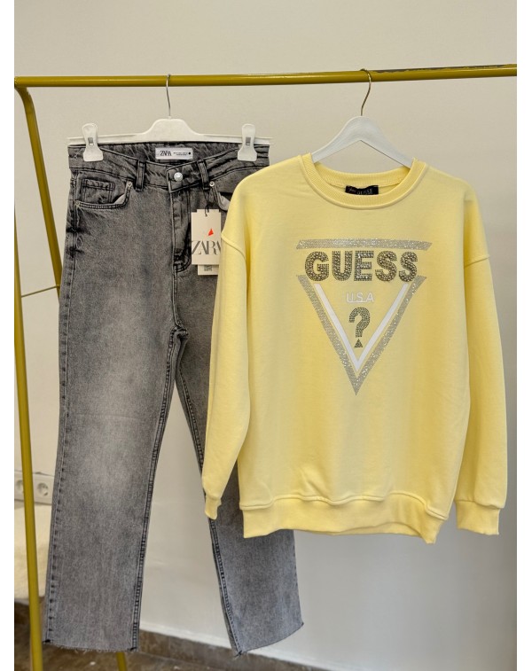 Üç İplik Şardonsuz Taşlı Sweatshirt Sarı