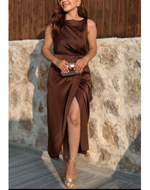 Drapeli Saten Elbise Kahverengi 