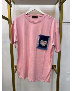 Kalp Desenli Cep Detaylı Pembe Tshirt