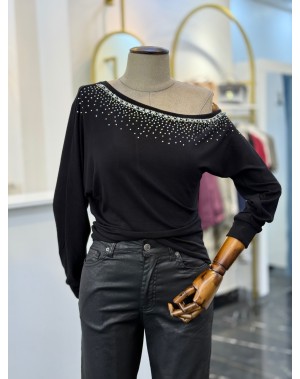 Kayık Yaka Taş İşleme Lüx Kalite Siyah Bluz 