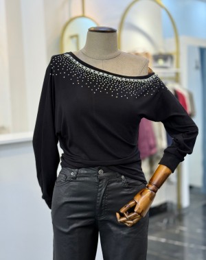 Kayık Yaka Taş İşleme Lüx Kalite Siyah Bluz 