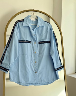 Kol Zincir Detaylı Lüx Kalite Pamuklu Poplin Gömlek Mavi 