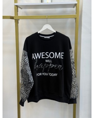 Kolları Tül Detaylı Yazılı  Tasarım Sweatshirt 