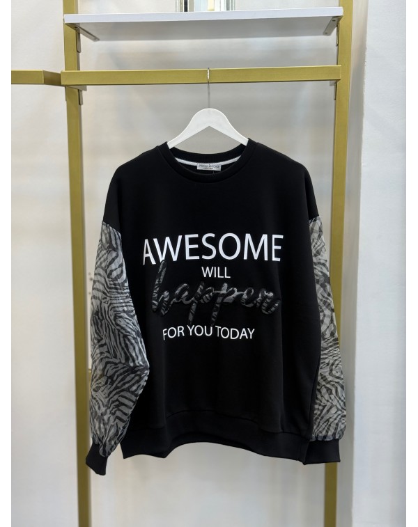 Kolları Tül Detaylı Yazılı  Tasarım Sweatshirt