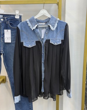 Kot Detaylı Şifon Gömlek Siyah 