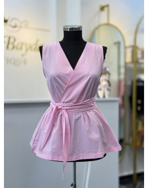 Kruvaze Yaka Kuşaklı Poplin Bluz Pembe Kruvaze Yaka Kuşaklı Poplin Bluz Pembe
