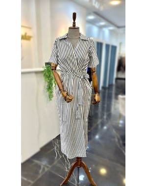 Lacivert Çizgili Anvelop Elbise 