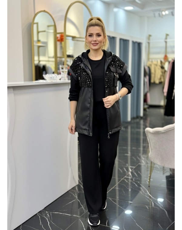 Lüx Kalite Deri Yelekli 3'lü Takım Siyah