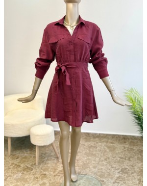 Lüx Tensel Kumaş Kuşaklı Gömlek Elbise Bordo 
