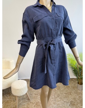 Lüx Tensel Kumaş Kuşaklı Gömlek  Elbise Lacivert 