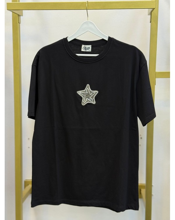 Marka Model Yıldız Desen Taşlı Siyah Tshirt