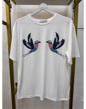 Mavi Kuş Desenli Taşlı Tshirt