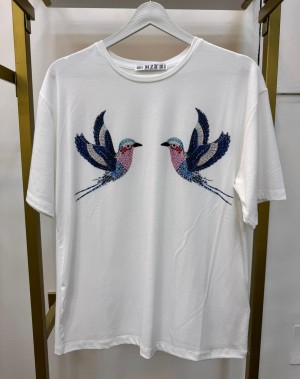 Mavi Kuş Desenli Taşlı Tshirt