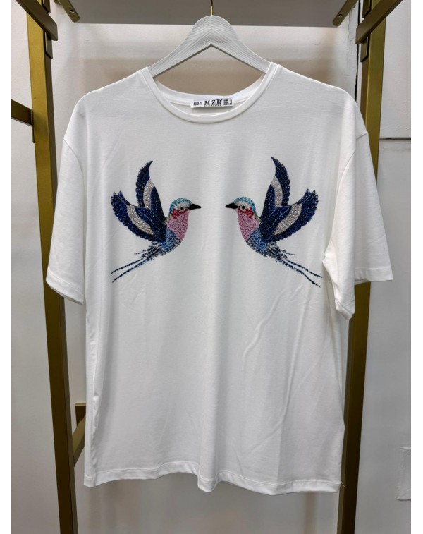 Mavi Kuş Desenli Taşlı Tshirt