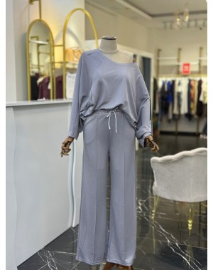 Modal Kumaş Kayık Yaka İkili Takım Gri