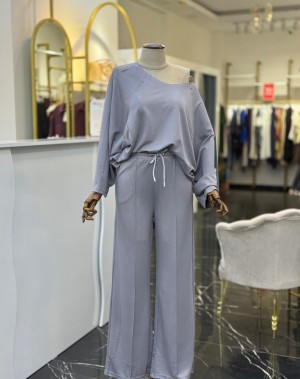 Modal Kumaş Kayık Yaka İkili Takım Gri