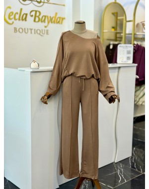 Modal Kumaş Kayık Yaka İkili Takım Kahverengi 
