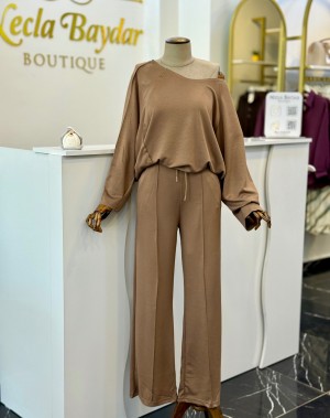 Modal Kumaş Kayık Yaka İkili Takım Kahverengi 