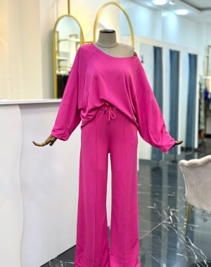 Modal Kumaş Kayık Yaka İkili Takım Pembe 