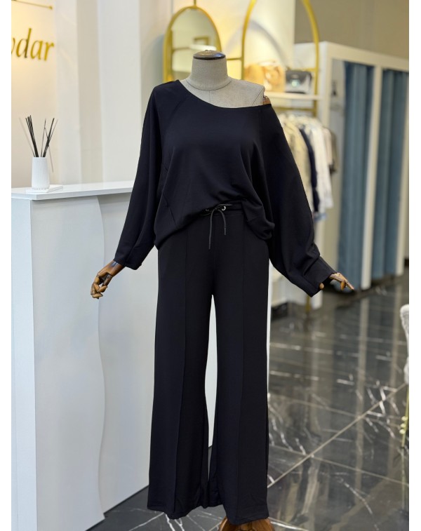 Modal Kumaş Kayık Yaka İkili Takım Siyah