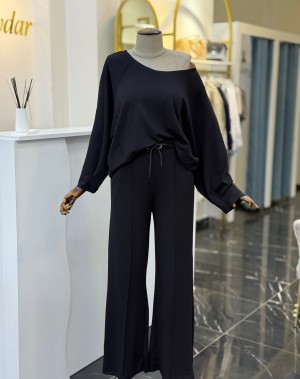 Modal Kumaş Kayık Yaka İkili Takım Siyah 