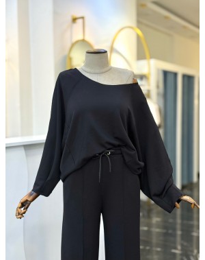 Modal Kumaş Kayık Yaka İkili Takım Siyah 