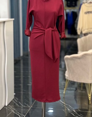 Modal Kumaş Önden Bağlamalı Elbise Bordo Modal Kumaş Önden Bağlamalı Elbise Bordo