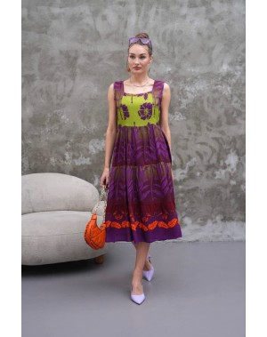 Mor Desenli Viskon Kumaş Kare Yaka Elbise 