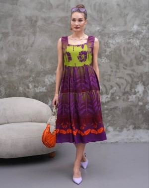 Mor Desenli Viskon Kumaş Kare Yaka Elbise 