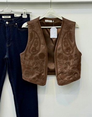 Nakışlı Nubuk Yelek Kahverengi 