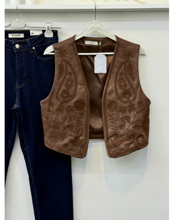 Nakışlı Nubuk Yelek Kahverengi