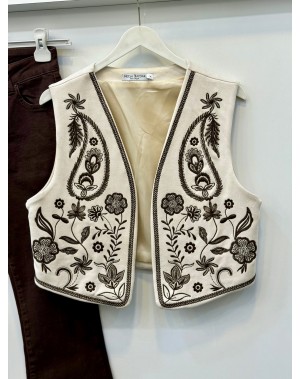 Nakışlı Nubuk Yelek Krem