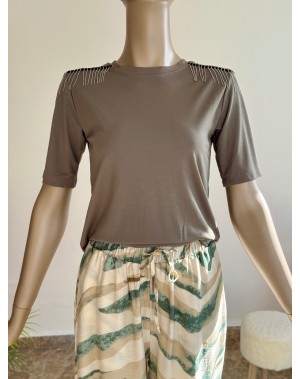 Omuz Detaylı Modal Kumaş Haki Renk Tshirt 