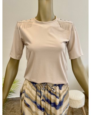 Omuz Detaylı Modal Kumaş Taş Renk Tshirt 