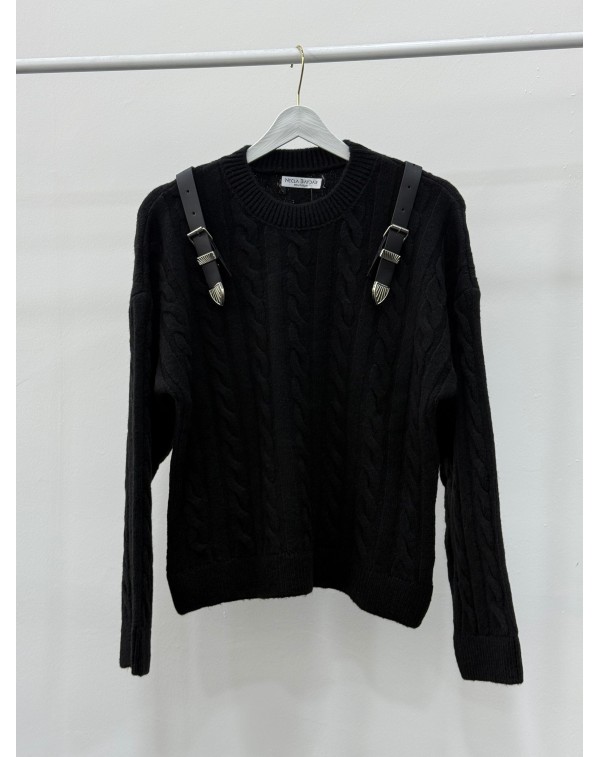 Omuzdan Kemer Detaylı Premium Kalite Kazak Siyah