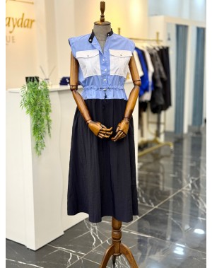 Paraşüt Kumaş Detaylı Mavi Mix Elbise