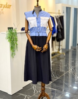 Paraşüt Kumaş Detaylı Mavi Mix Elbise