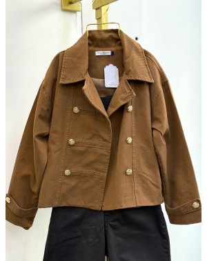 Premium Seri Gold Düğmeli Kısa Trenc Ceket Kahverengi 