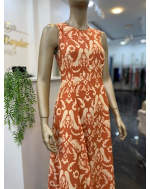 Premium Seri Kiremit Krem Desenli Maxi Elbise 