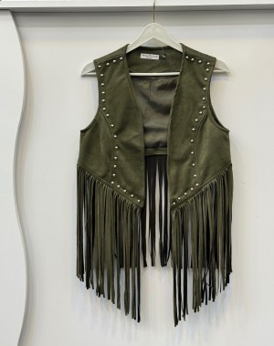 Püsküllü Nubuk Yelek Haki Yeşil 