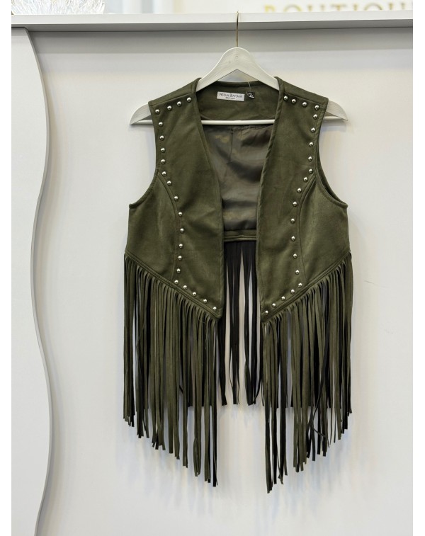 Püsküllü Nubuk Yelek Haki Yeşil