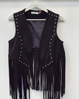 Püsküllü Nubuk Yelek Siyah 