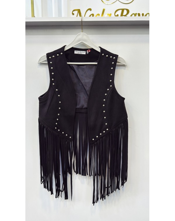 Püsküllü Nubuk Yelek Siyah